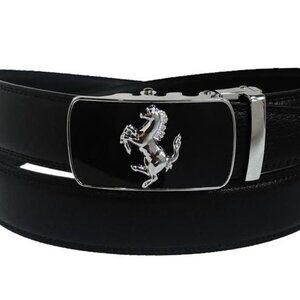 Black Leather Belt Automatic Silver Horse Head Buckle Slide Belts No Hole Silver